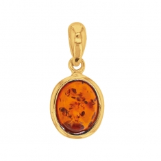 Pendentif cabochon plat ambre cognac et argent 925/1000 rhodié