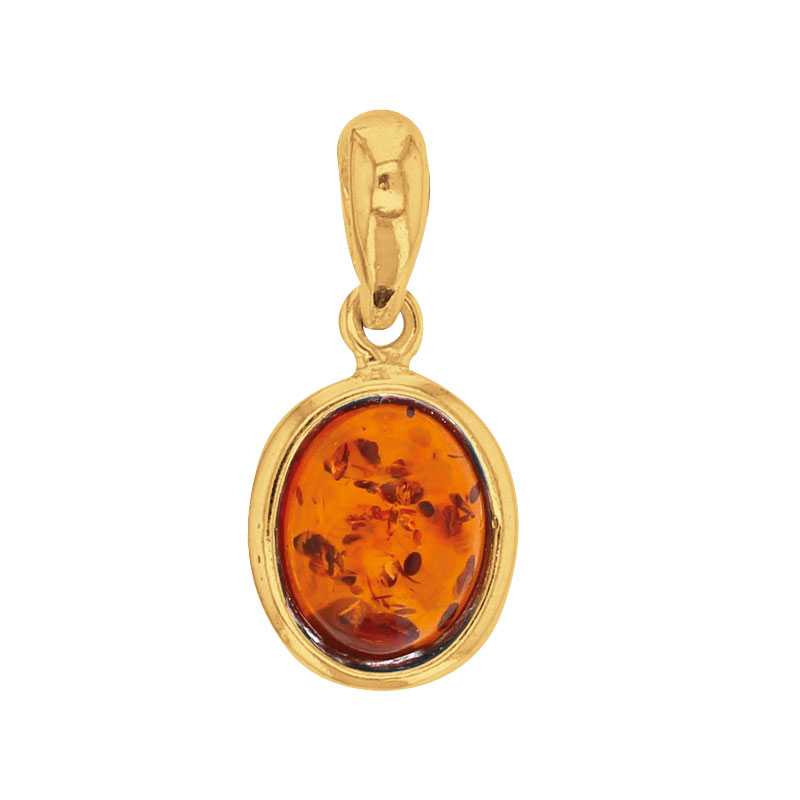 Pendentif cabochon plat ambre cognac et argent 925/1000 rhodié