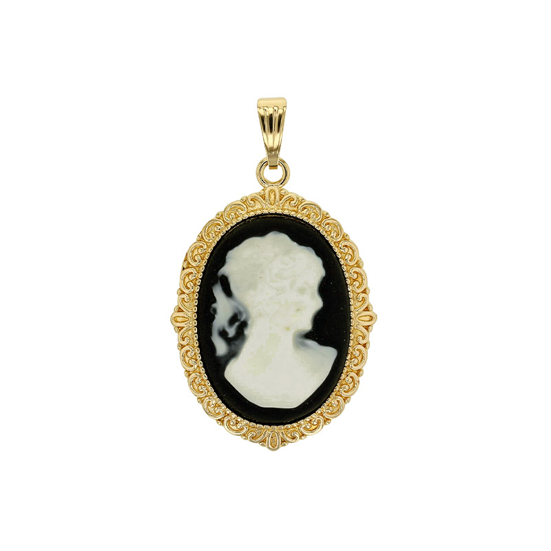 Pendentif Camée Plaqué or, résine noire et blanche grand modèle