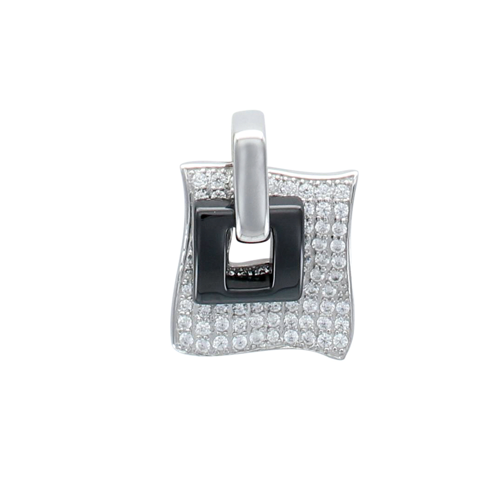 Pendentif carré en céramique noire et un carré en argent 925/1000 rhodié avec oxydes de zirconium