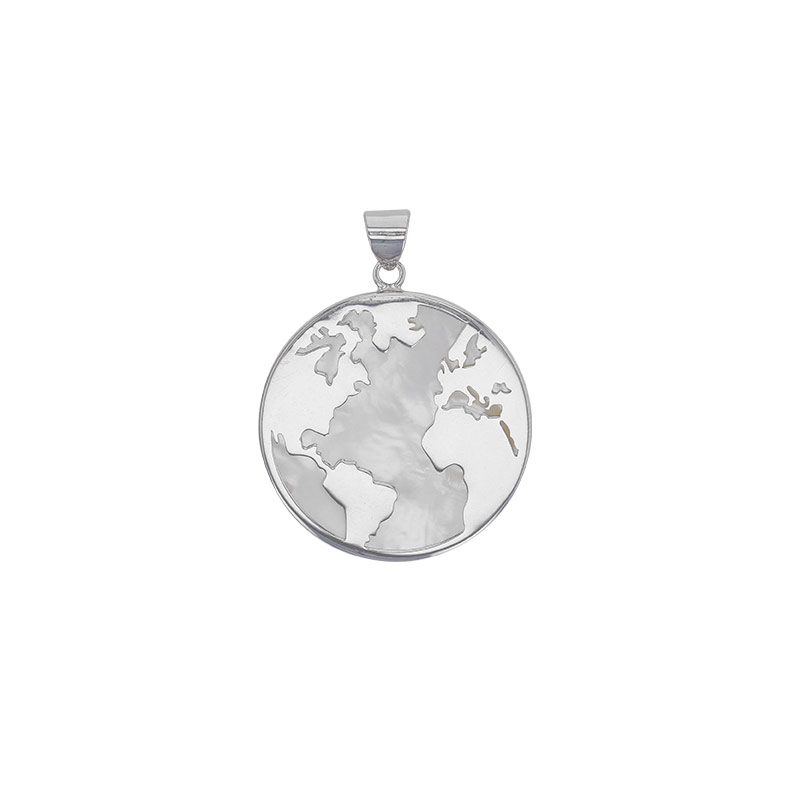 Pendentif carte du monde avec nacre, argent 925/1000 rhodié