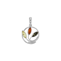 Pendentif cercle avec feuilles en ambre cognac, miel et gris, argent 925/1000 rhodié