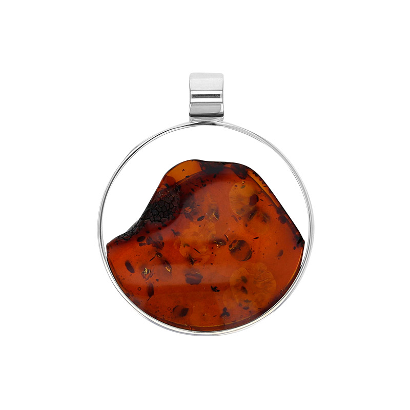 Pendentif cercle avec pierre d'Ambre cognac, argent 925/1000