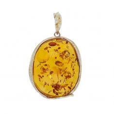 Pendentif cercle avec pierre d'Ambre miel, argent 925/1000 et argent 925/1000 doré