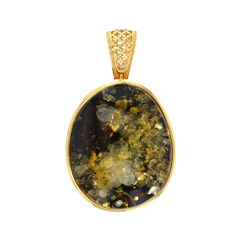 Pendentif cercle avec pierre d'Ambre vert, argent 925/1000 doré