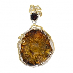 Pendentif cercle avec pierre d'Ambre vert et motifs feuille, argent 925/1000 et argent 925/1000 doré