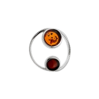 Pendentif cercle avec ronds en Ambre cognac et cerise, argent 925/1000 rhodié