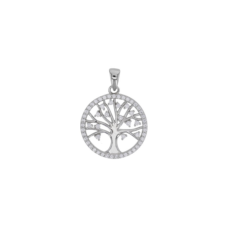 Pendentif cercle empierré Arbre de vie orné d'oxydes, argent 925/1000 rhodié