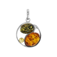 Pendentif cercle orné de 3 ambres : cognac, miel et gris, en argent 925/1000 rhodié