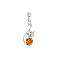 Pendentif chat ambre cognac rond en argent 925/1000 rhodié