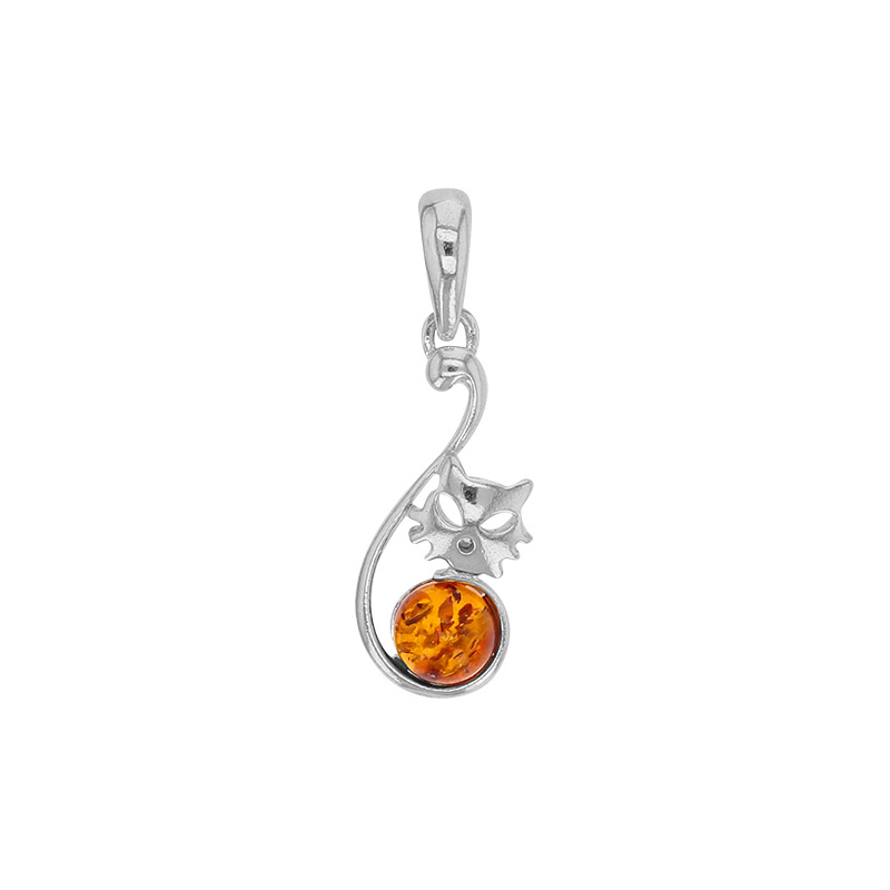 Pendentif chat ambre cognac rond en argent 925/1000 rhodié