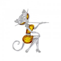 Pendentif chat avec Ambre cognac, argent 925/1000 rhodié