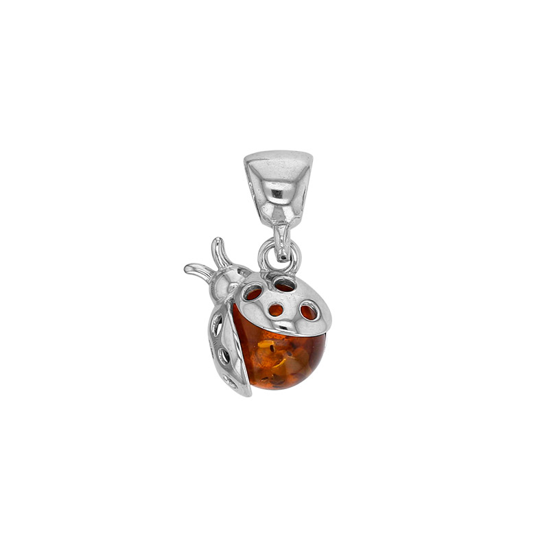 Pendentif coccinelle ambre cognac en argent 925/1000 rhodié