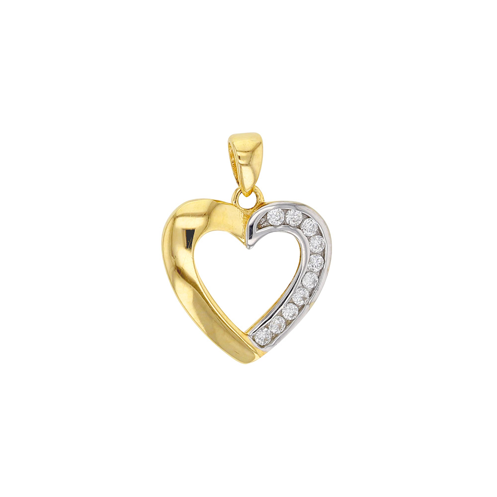 Pendentif coeur à moitié serti d'oxydes en Or blanc et jaune 375/1000