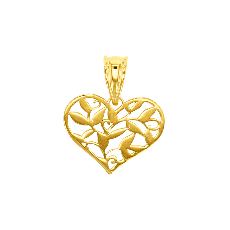 Pendentif coeur avec avec motif feuille ajouré, Or 750/1000