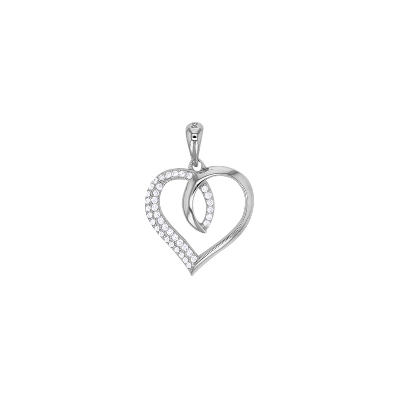 Pendentif coeur boucle pavé d'oxydes et lisse, argent 925/1000 rhodié