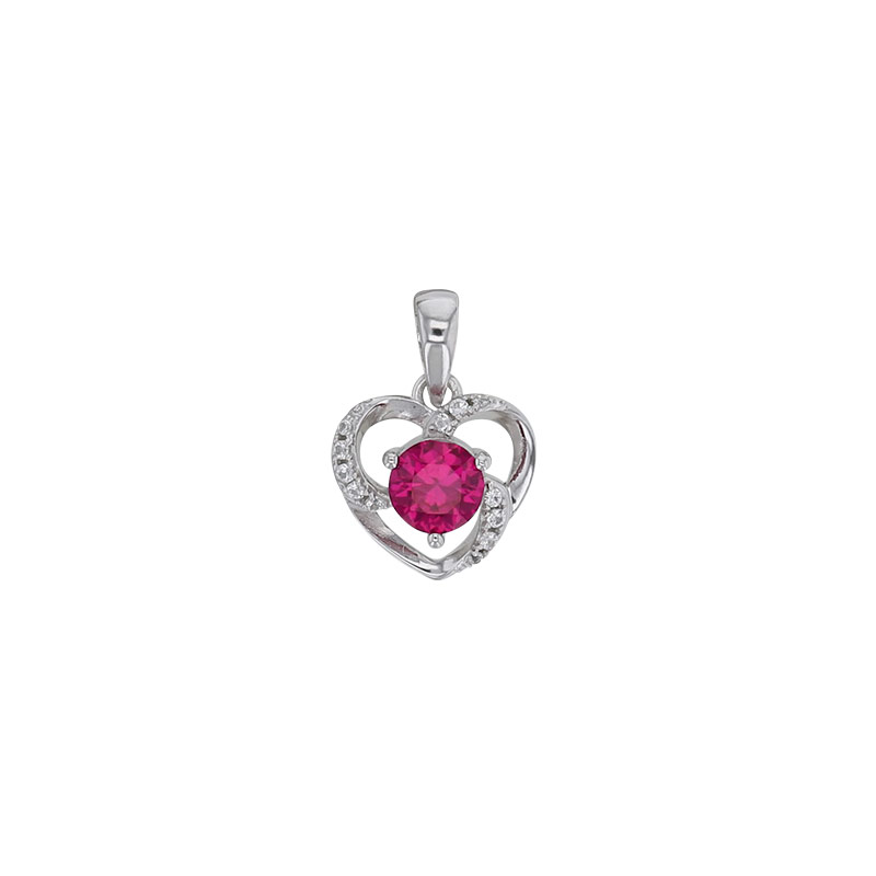 Pendentif coeur corindons synthétiques rouge rubis et blancs, argent 925/100 rhodié