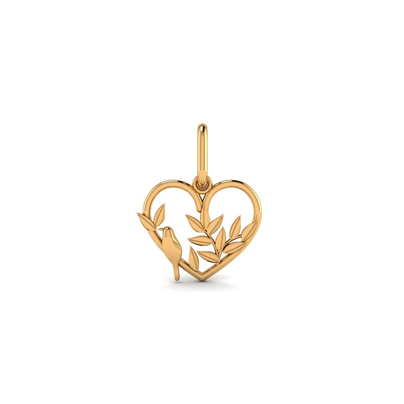 Pendentif coeur orné de feuilles et d'un oiseau en Or 750/1000