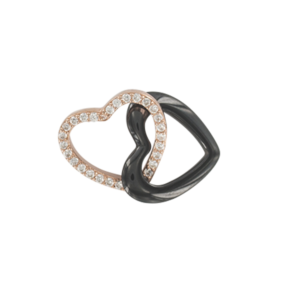 Pendentif coeurs enlacés en argent rhodié 925/1000 doré rose empierré et en céramique noire