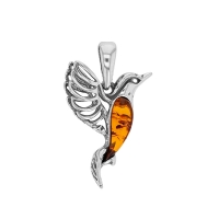 Pendentif colibri en argent 925/1000 vieilli et ambre cognac