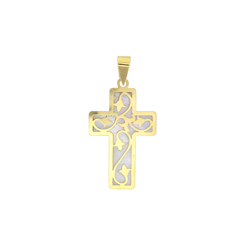Pendentif croix ajourée avec nacre en Or 750/1000