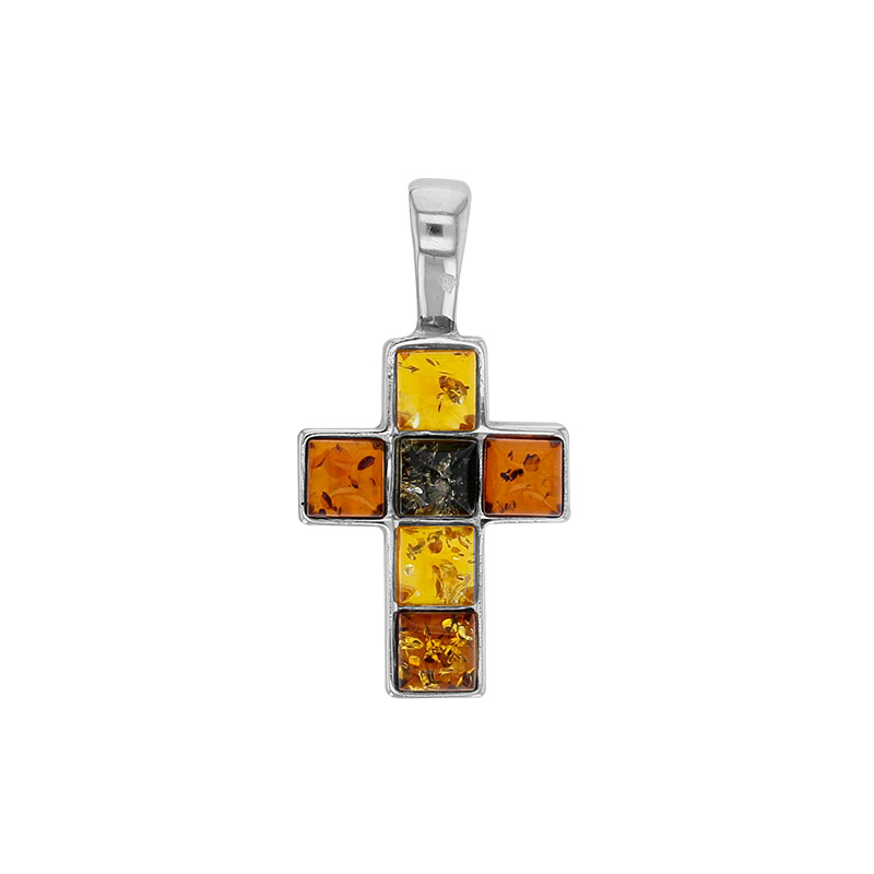 Pendentif croix ambre cognac, miel et vert forme cube en argent 925/1000