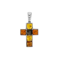 Pendentif croix ambre cognac, miel et vert forme cube en argent 925/1000