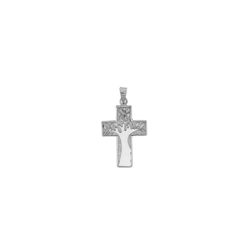 Pendentif croix large motif Arbre de vie gravé, argent 925/1000 rhodié