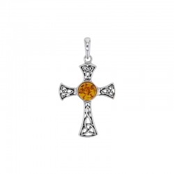 Pendentif croix orné d'un ambre cognac central, en argent 925/1000 rhodié