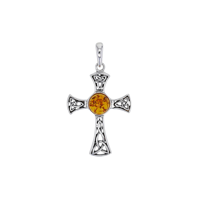Pendentif croix orné d'un ambre cognac central, en argent 925/1000 rhodié