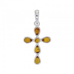 Pendentif croix orné d'un ambre cognac en forme de goutte, en argent 925/1000 rhodié
