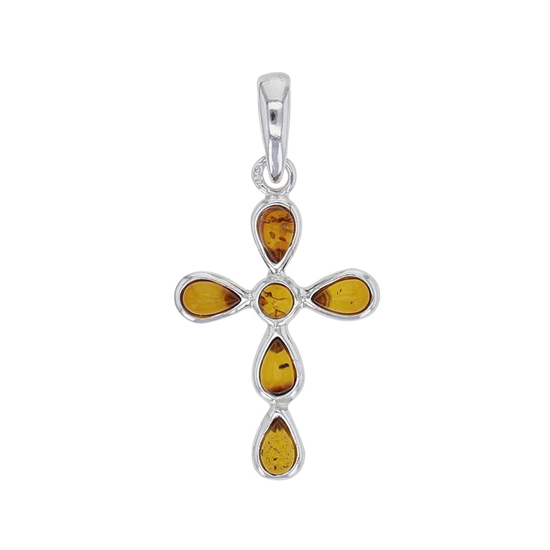 Pendentif croix orné d'un ambre cognac en forme de goutte, en argent 925/1000 rhodié