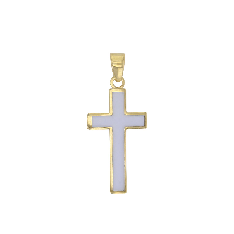 Pendentif croix orné d’émail blanc, Or 375/1000