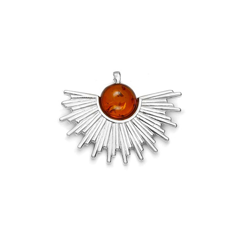 Pendentif demi-soleil pierre ronde ambre et argent 925/1000 rhodié