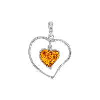 Pendentif double coeurs en argent 925/1000 rhodié, encerclant de l'ambre cognac