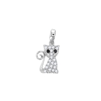 Pendentif en argent 925/1000 rhodié avec oxydes de zirconium - Chat avec yeux noirs