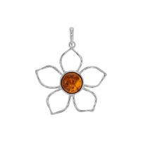 Pendentif en argent 925/1000 rhodié en forme de fleur avec une ambre cognac au centre