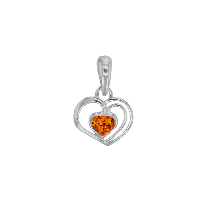 Pendentif en forme de coeur ajouré en ambre et argent 925/1000 rhodié