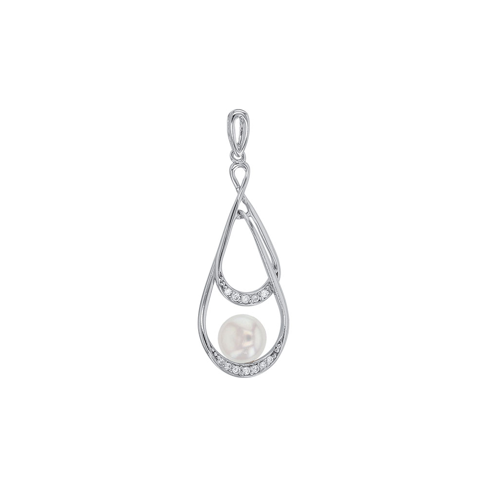 Pendentif en forme de double goutte Perle d'eau douce, oxydes de zirconium et Argent 925/1000 rhodié