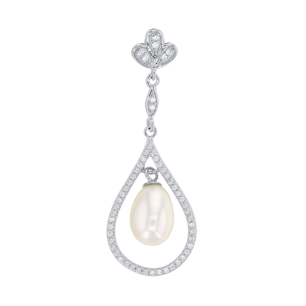 Pendentif en forme de goutte avec oxydes de zirconium et Perle d'eau douce Argent 925/1000 rhodié
