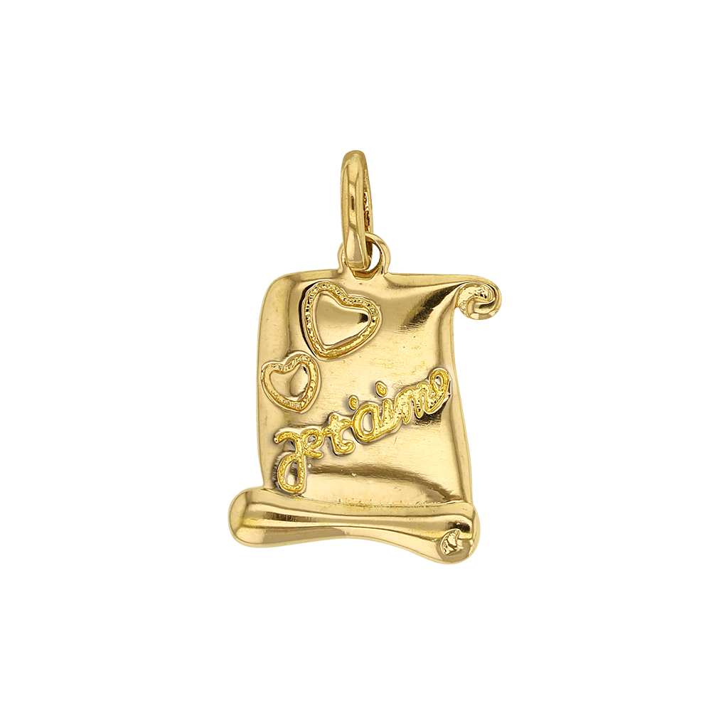 Pendentif en plaqué or Parchemin, Inscription Coeurs et Je t'aime