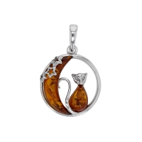 Pendentif encerclé motif chat et lune ambre cognac, argent 925/1000 rhodié