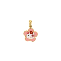 Pendentif enfant, fleur et chaton, Or 375/1000 et émail rose