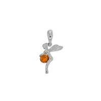 Pendentif fée ambre forme boule cognac en argent 925/1000 rhodié