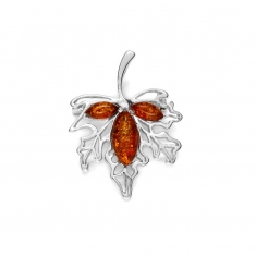 Pendentif feuille d'érable pierres d'Ambre et en argent 925/1000 rhodié