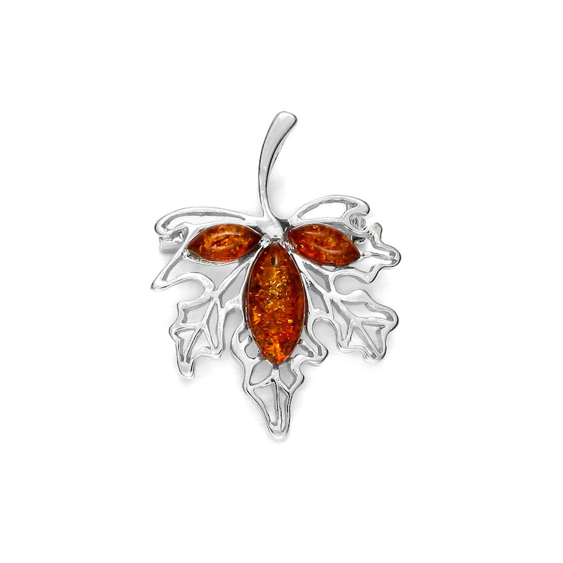 Pendentif feuille d'érable pierres d'Ambre et en argent 925/1000 rhodié