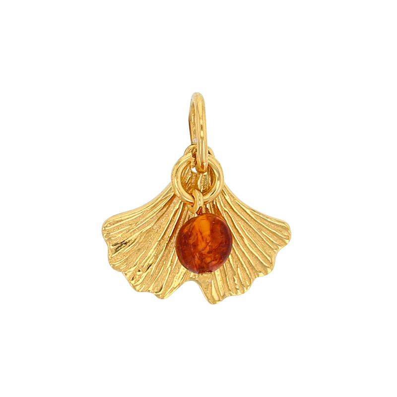 Pendentif feuille de Ginkgo argent 925/1000 doré et boule ambre cognac