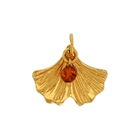 Pendentif feuille de Ginkgo avec pampille boule ambre cognac, argent 925/1000 doré