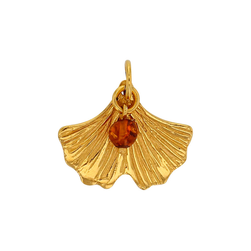 Pendentif feuille de Ginkgo avec pampille boule ambre cognac, argent 925/1000 doré