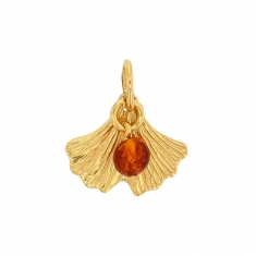 Pendentif feuille de ginko en Argent 925/1000 doré avec boule en Ambre